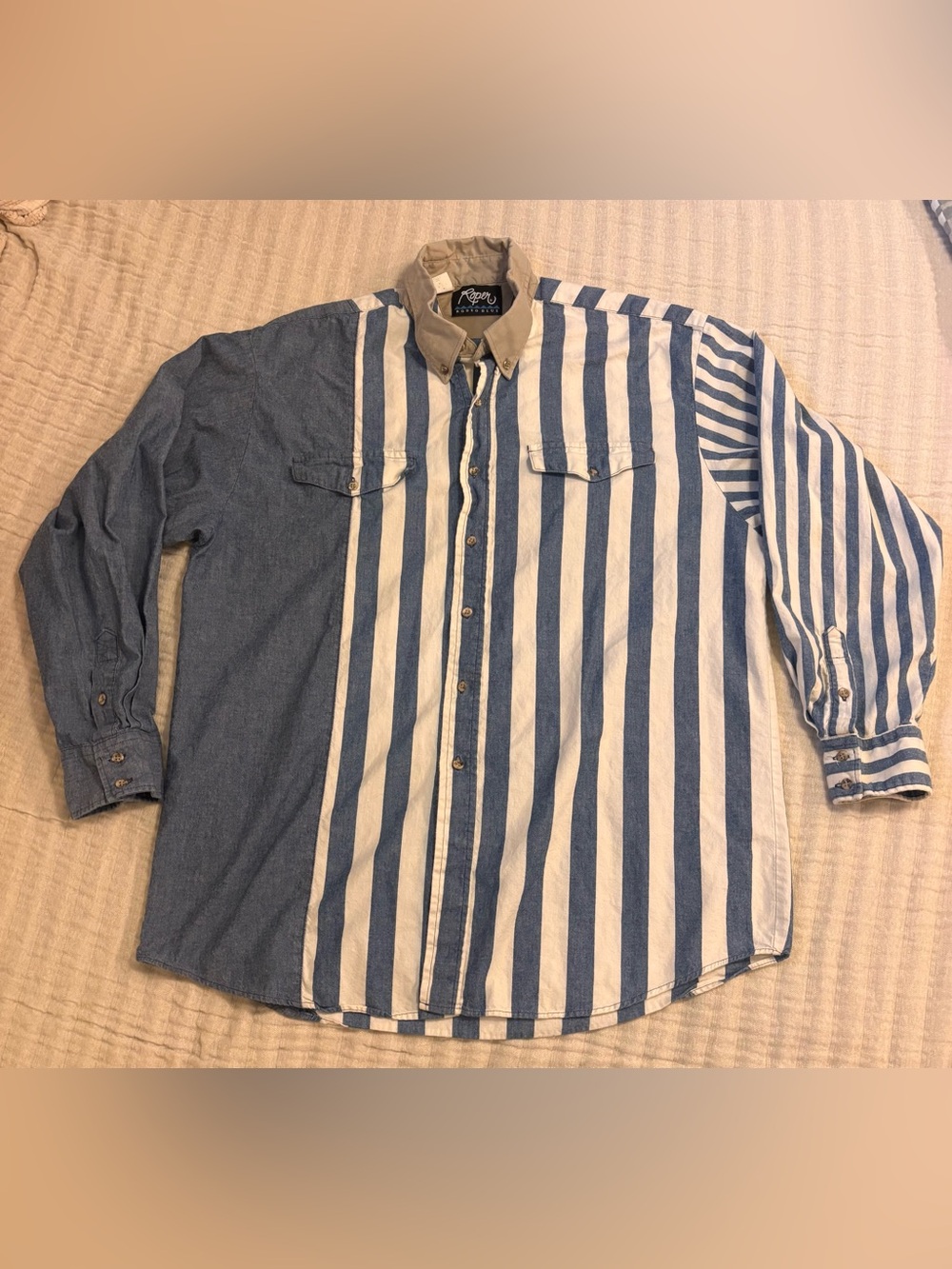 Vintage Roper Rodeo Blue Vertical Stripe Denim Button-Down -XL